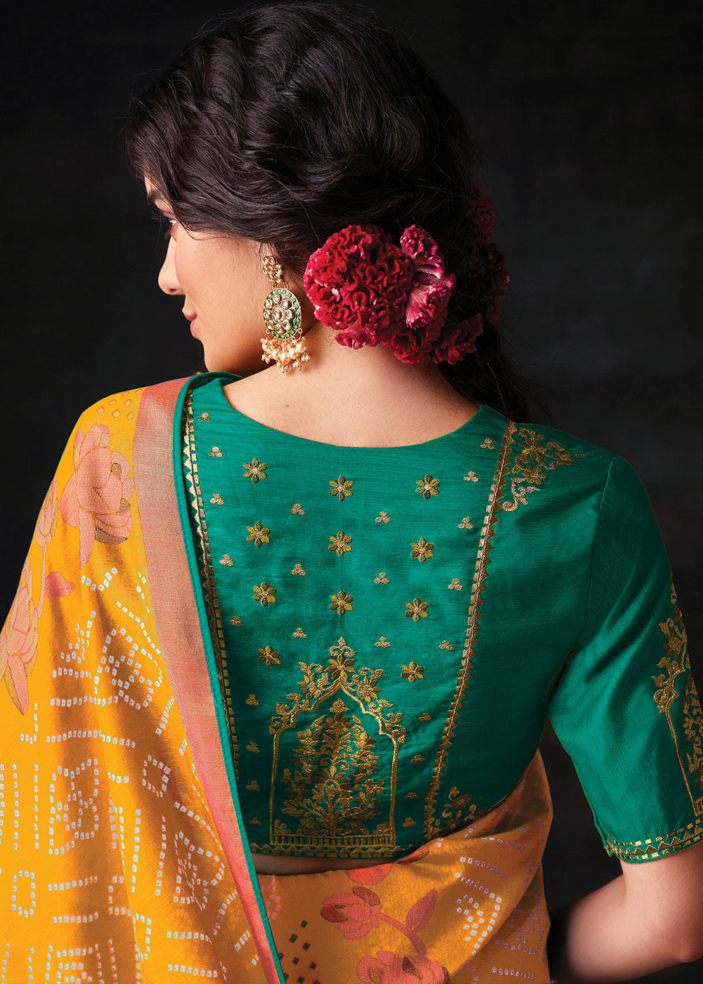 Mustard Brasso Bandhani Saree with Embroidered Blouse