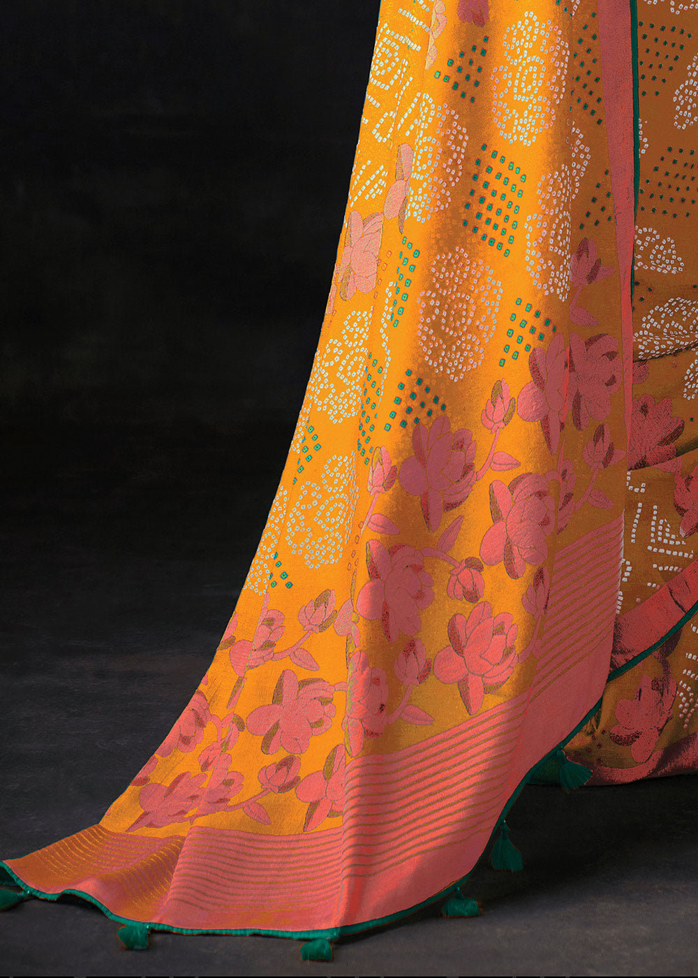 Mustard Brasso Bandhani Saree with Embroidered Blouse