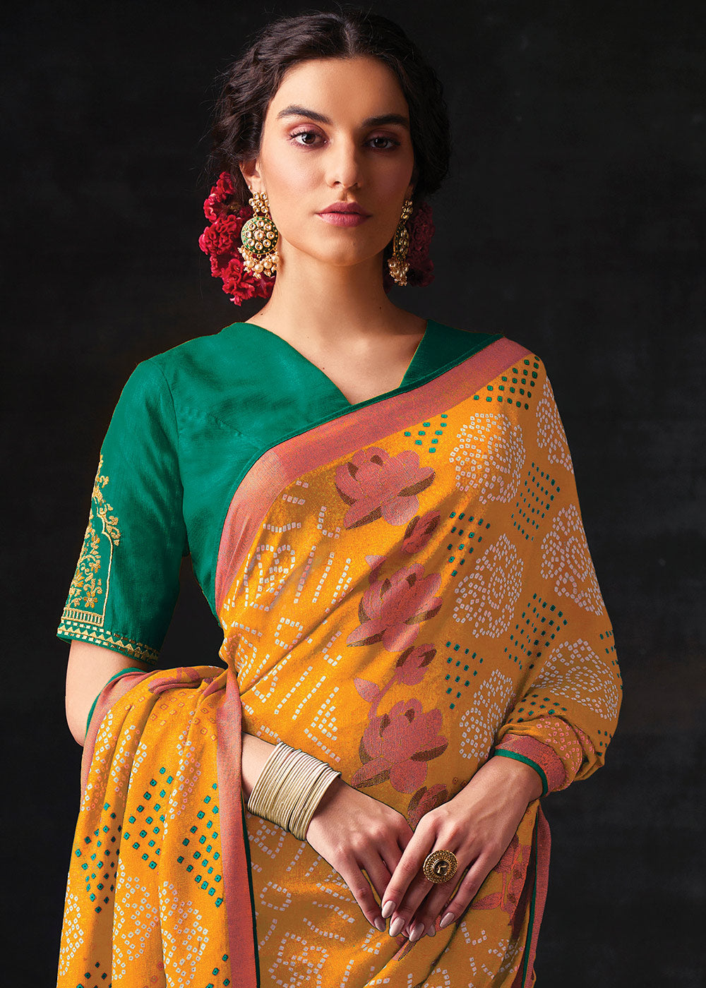 Mustard Brasso Bandhani Saree with Embroidered Blouse