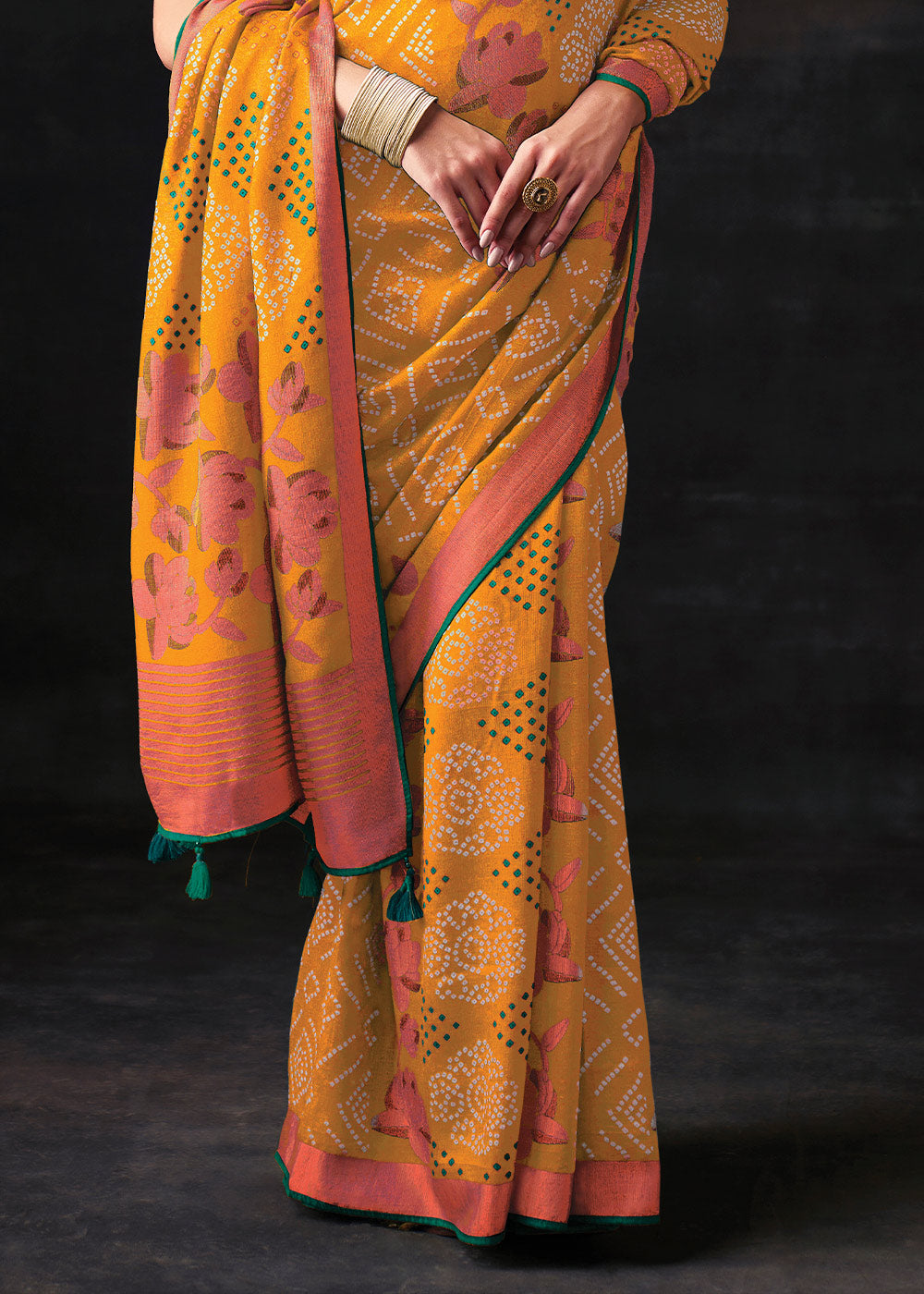 Mustard Brasso Bandhani Saree with Embroidered Blouse