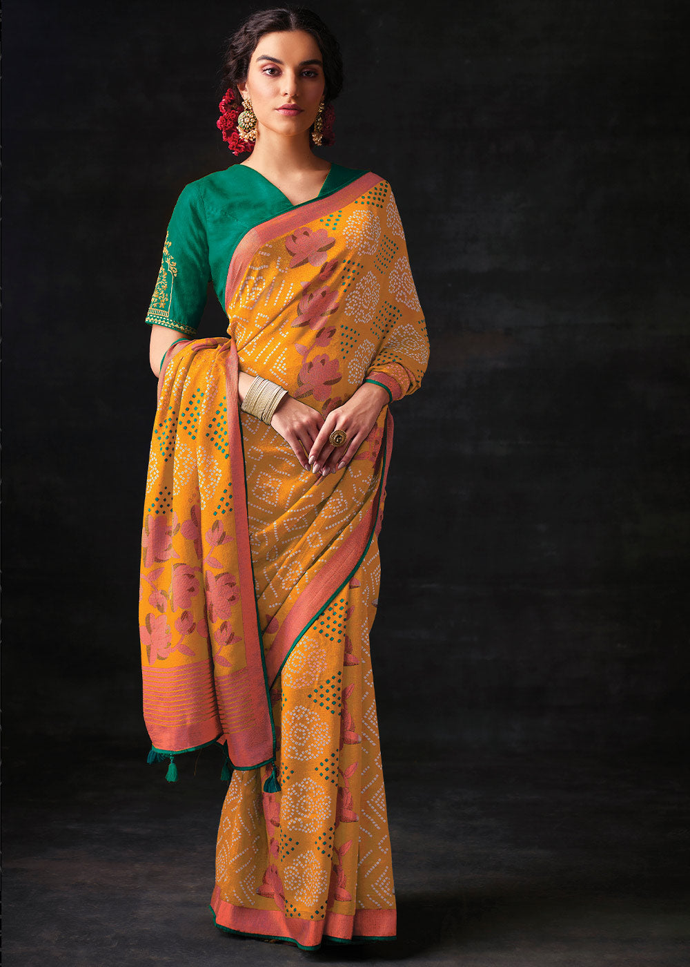 Mustard Brasso Bandhani Saree with Embroidered Blouse