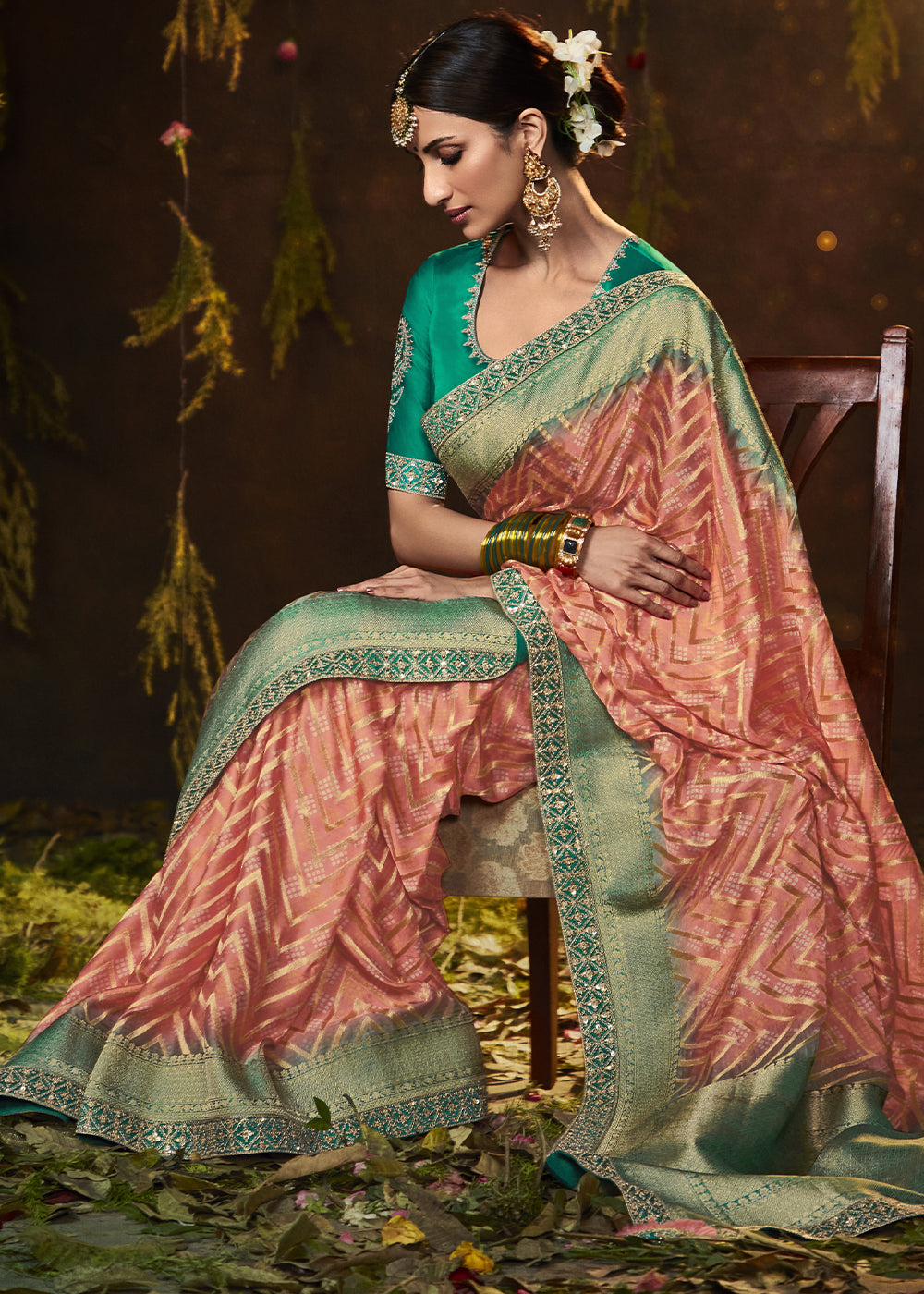 Earthy Brown and Green Georgette Bandhani Saree for a Natural Look