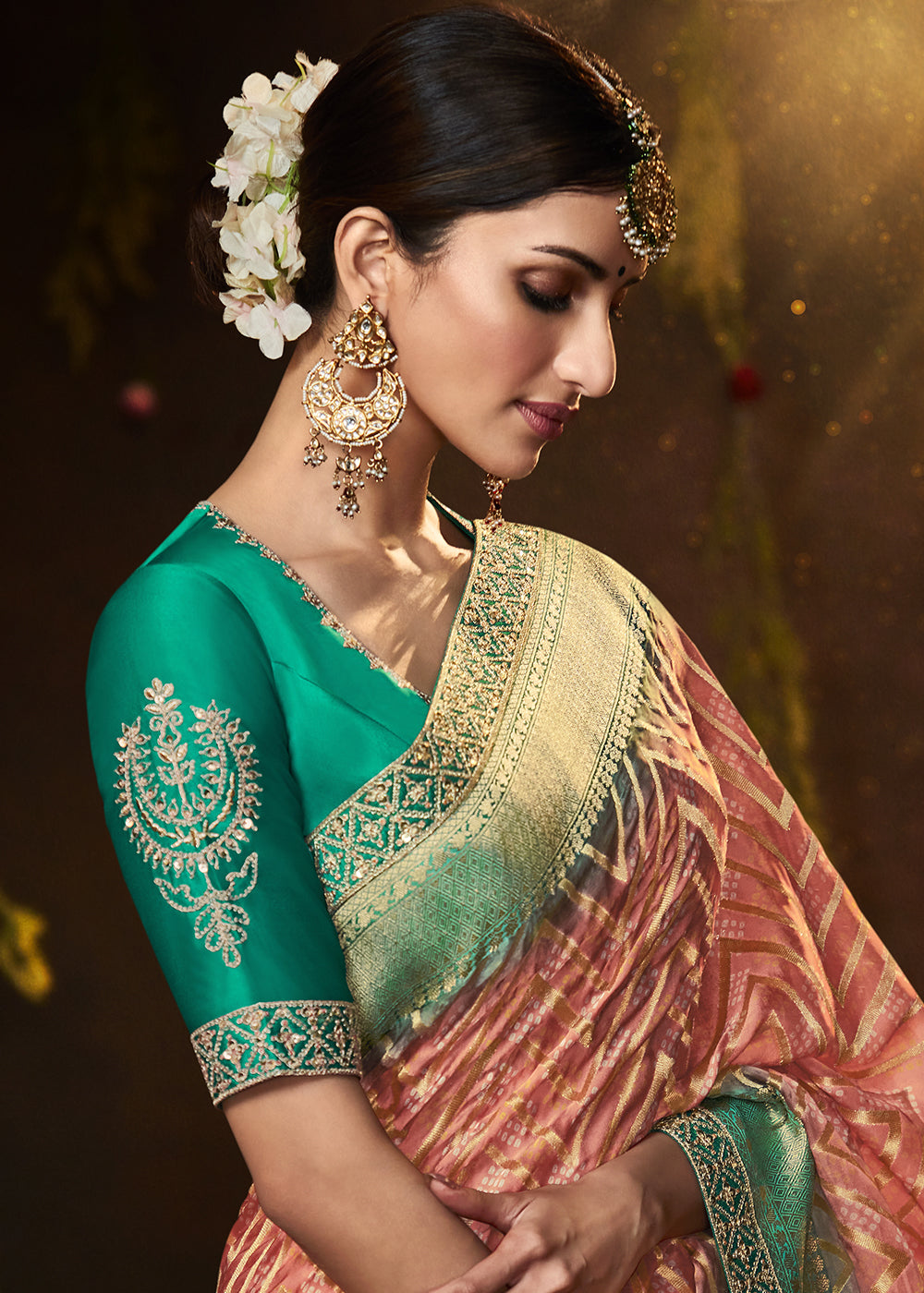 Earthy Brown and Green Georgette Bandhani Saree for a Natural Look