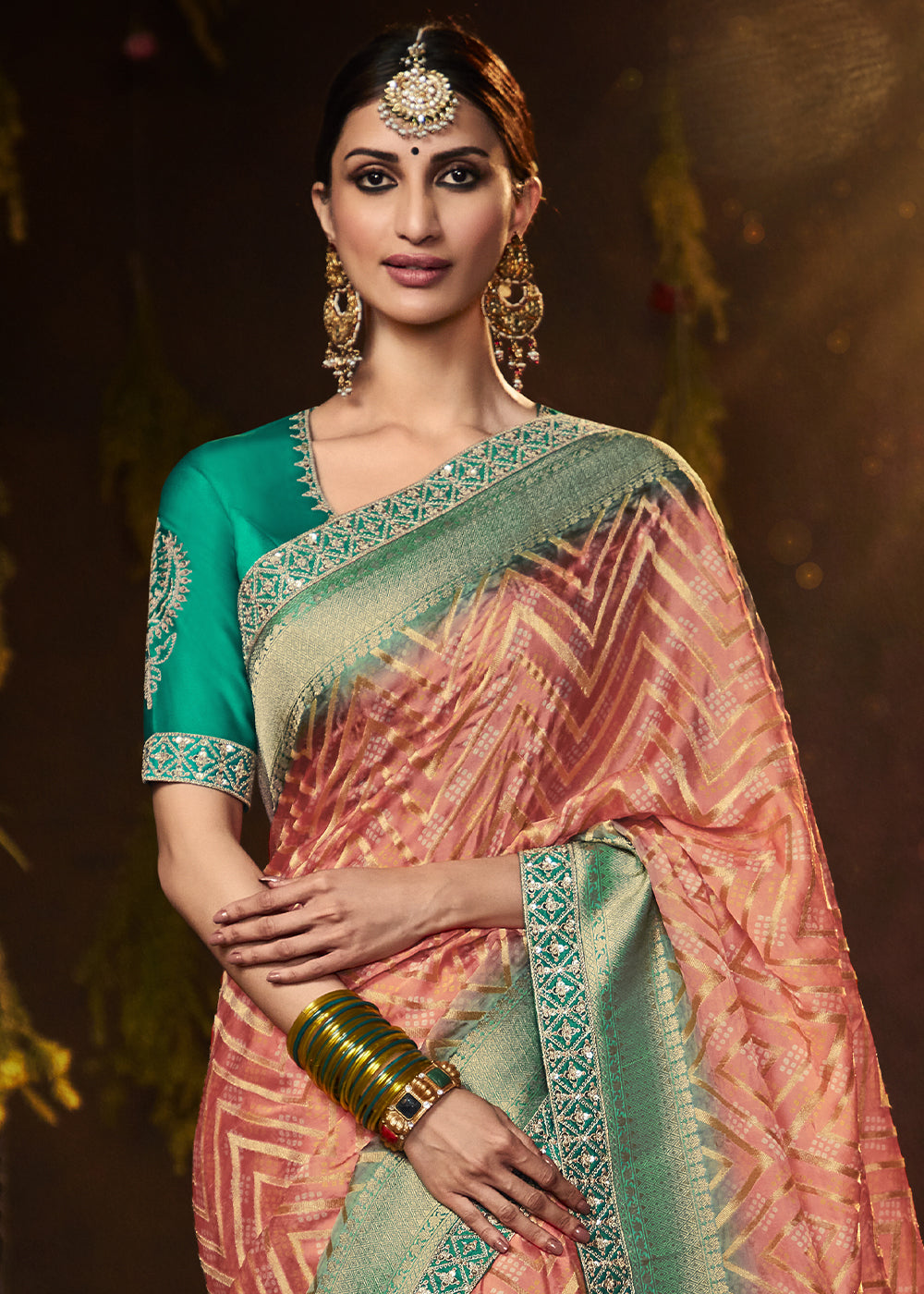 Earthy Brown and Green Georgette Bandhani Saree for a Natural Look