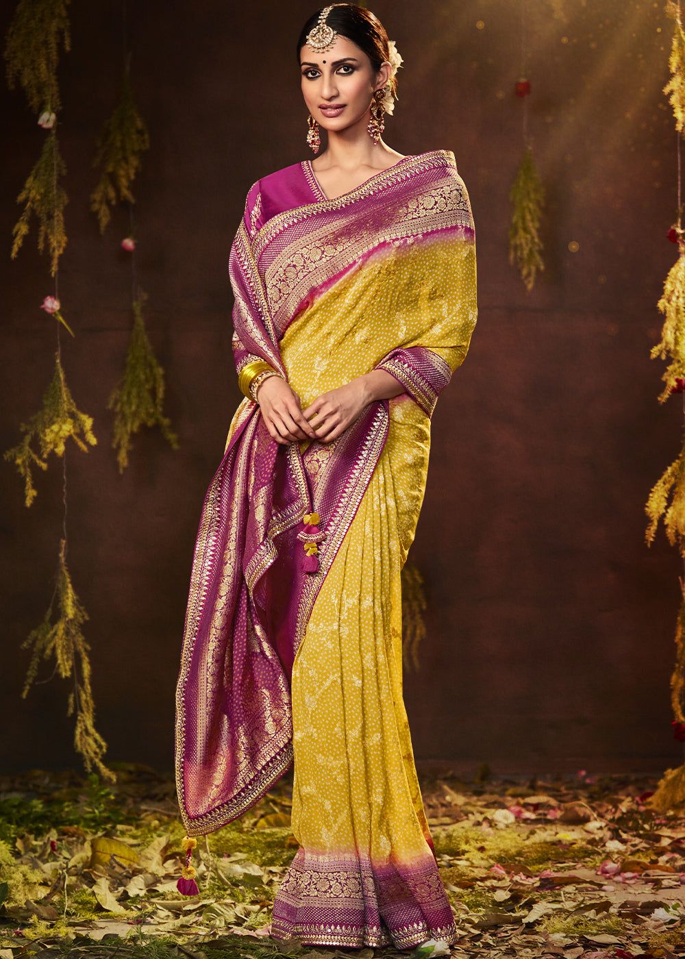 Vibrant Yellow and Pink Georgette Bandhani Saree for a Festive Look