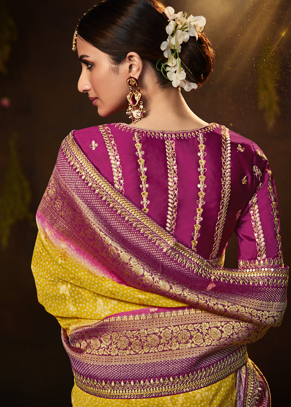 Vibrant Yellow and Pink Georgette Bandhani Saree for a Festive Look