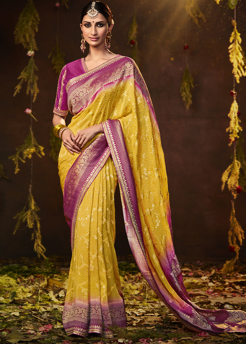 Vibrant Yellow and Pink Georgette Bandhani Saree for a Festive Look