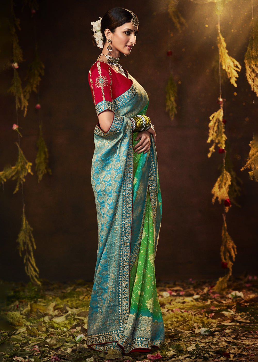 Enchanting Forest Green Georgette Bandhani Saree