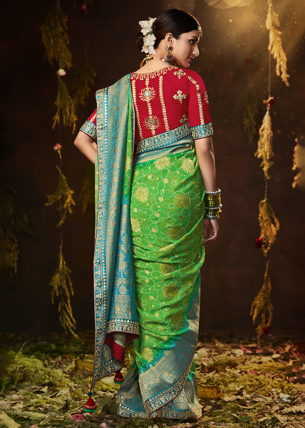 Enchanting Forest Green Georgette Bandhani Saree