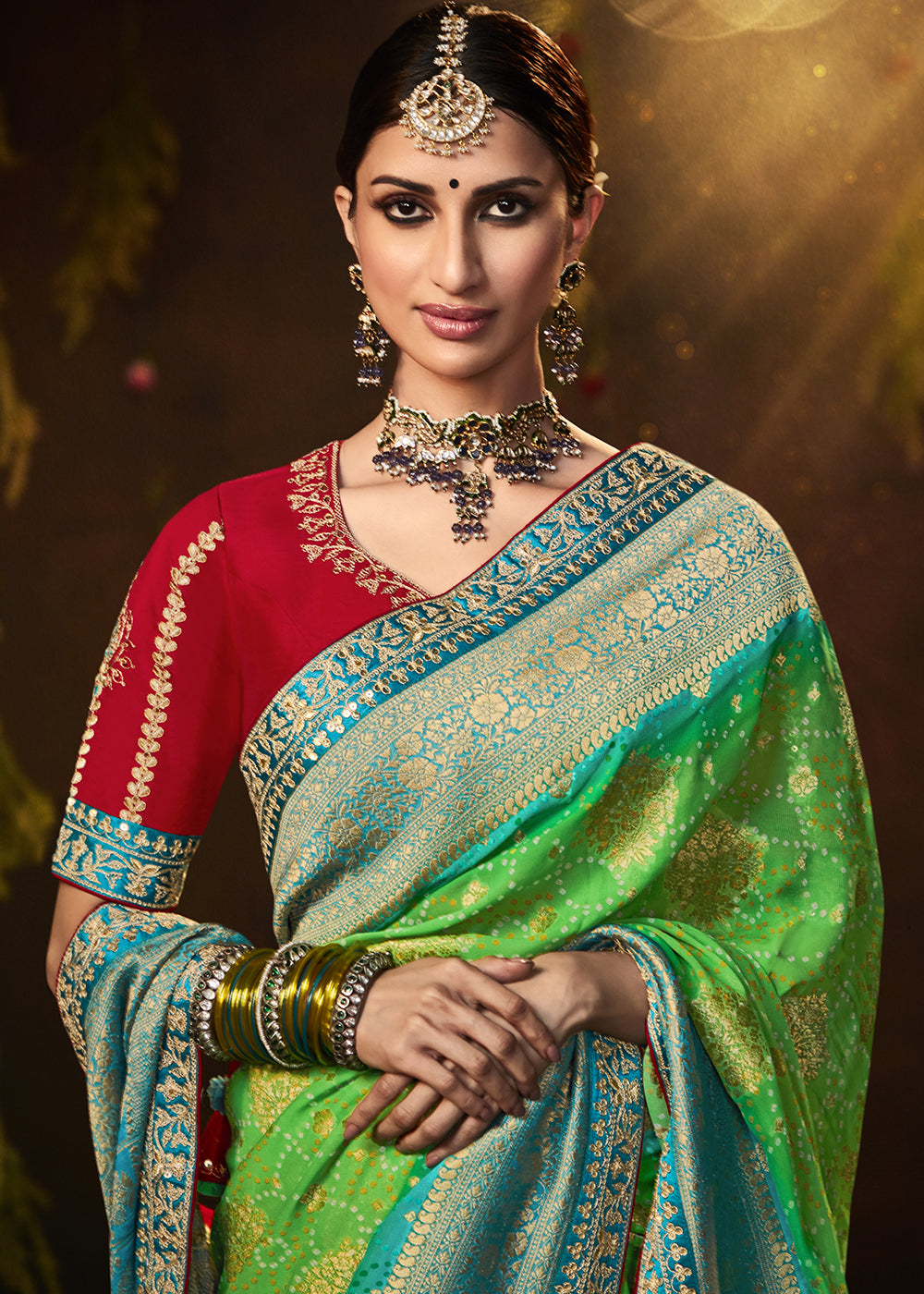 Enchanting Forest Green Georgette Bandhani Saree