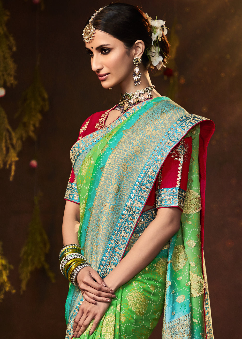 Enchanting Forest Green Georgette Bandhani Saree