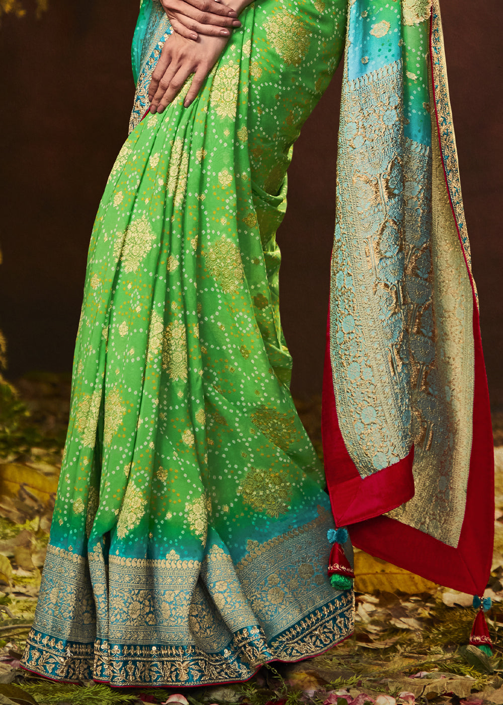 Enchanting Forest Green Georgette Bandhani Saree