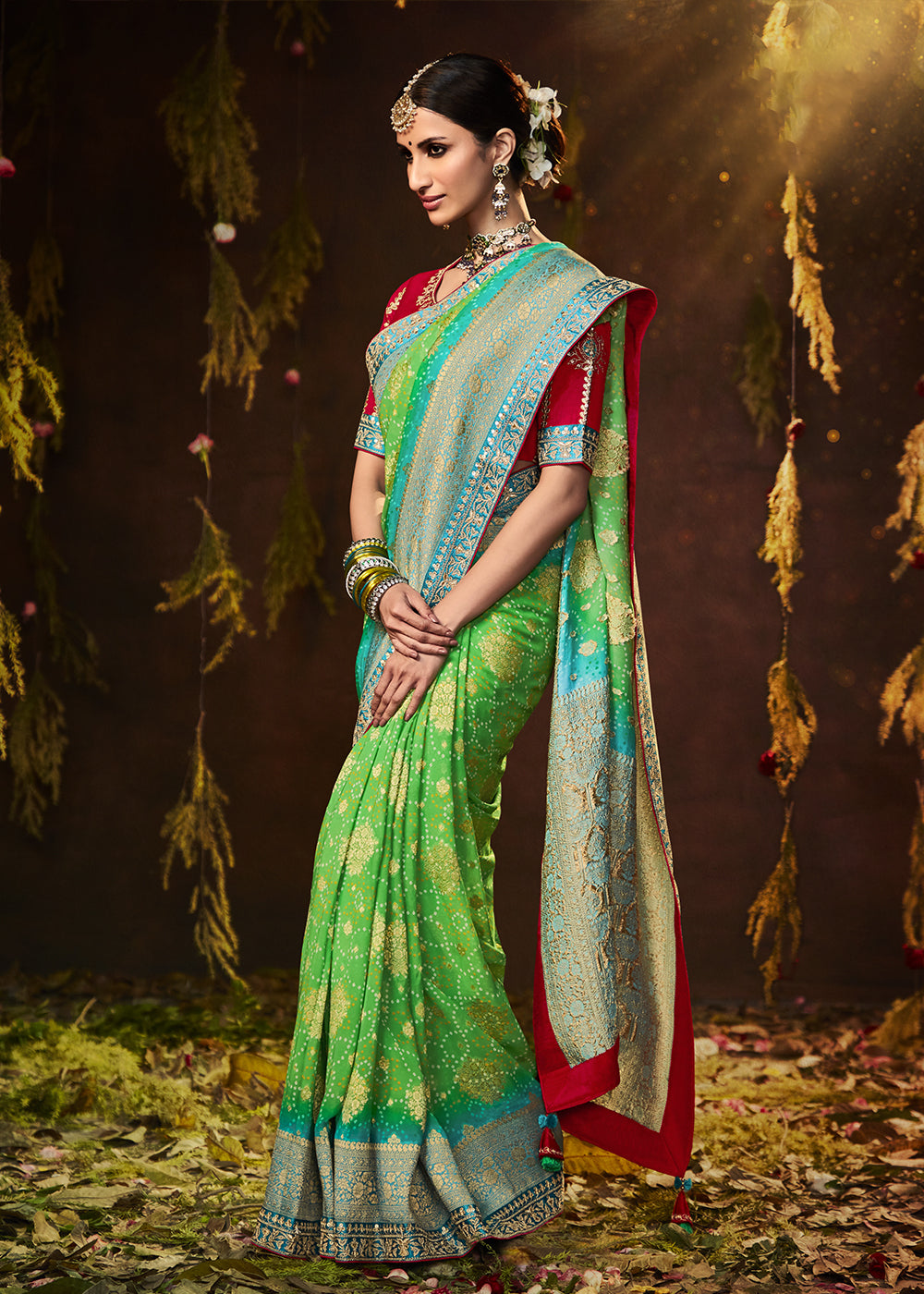 Enchanting Forest Green Georgette Bandhani Saree