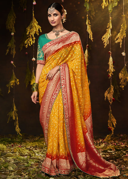 Fiery Orange and Red Georgette Bandhani Saree