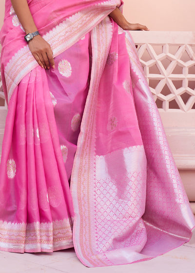 Rose Petals: Handwoven Banarasi Linen Silk Saree