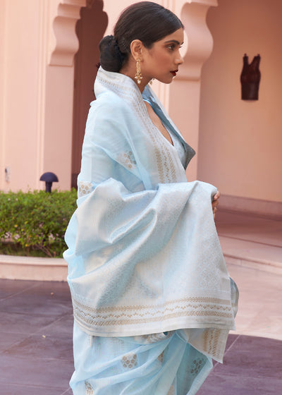 Blues: Handwoven Banarasi Linen Silk Saree