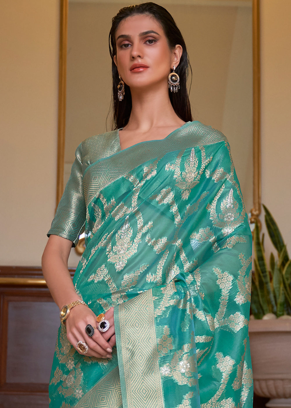 Regal Rama Green Banarasi Organza Silk Saree