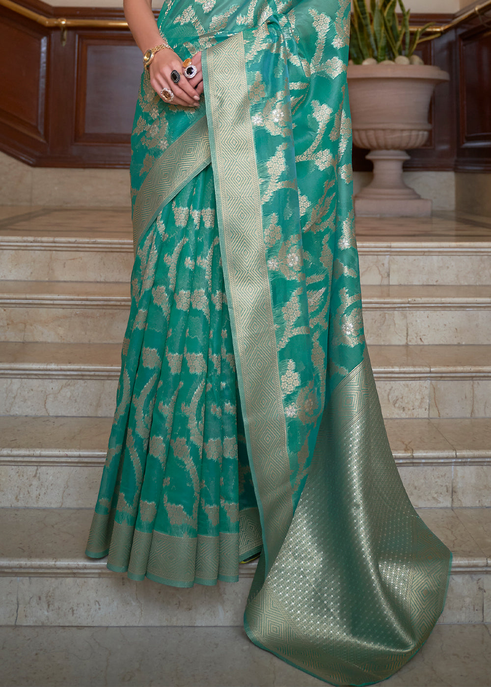 Regal Rama Green Banarasi Organza Silk Saree