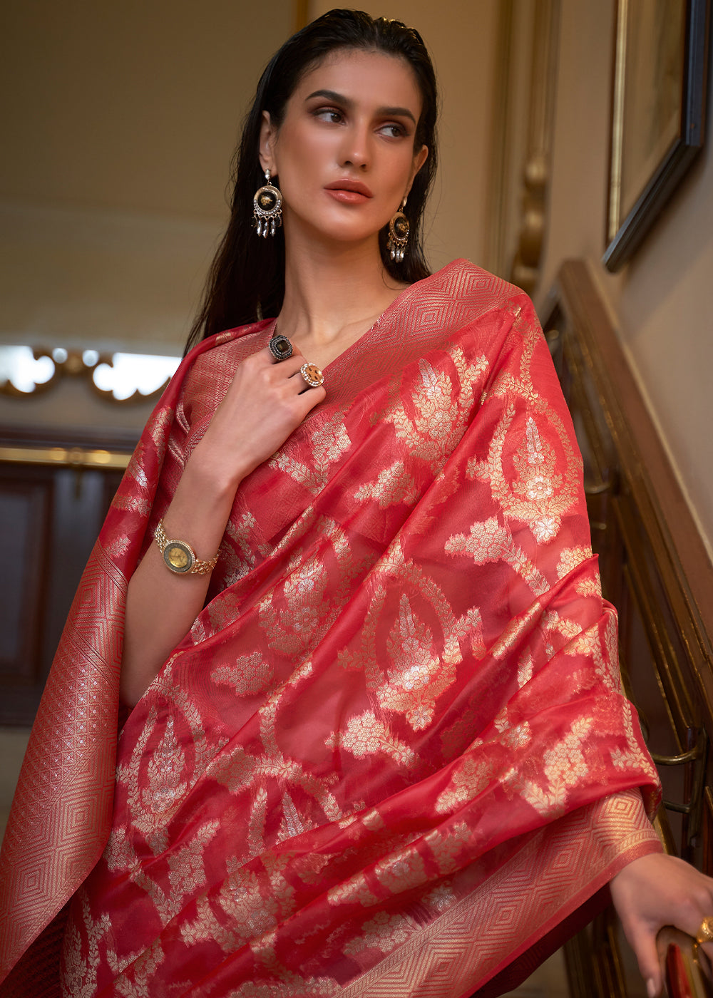 Exquisite  Red Banarasi Organza Silk Saree