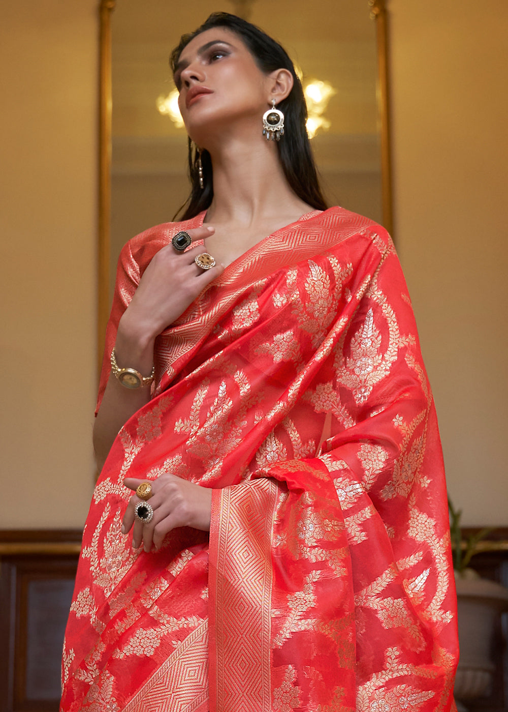 Exquisite  Red Banarasi Organza Silk Saree