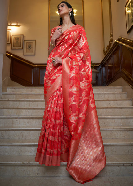 Exquisite  Red Banarasi Organza Silk Saree