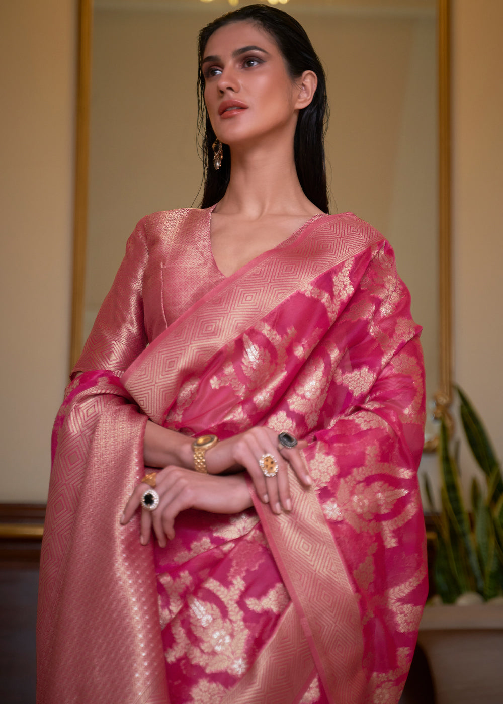 Captivating Pink Banarasi Organza Silk Saree