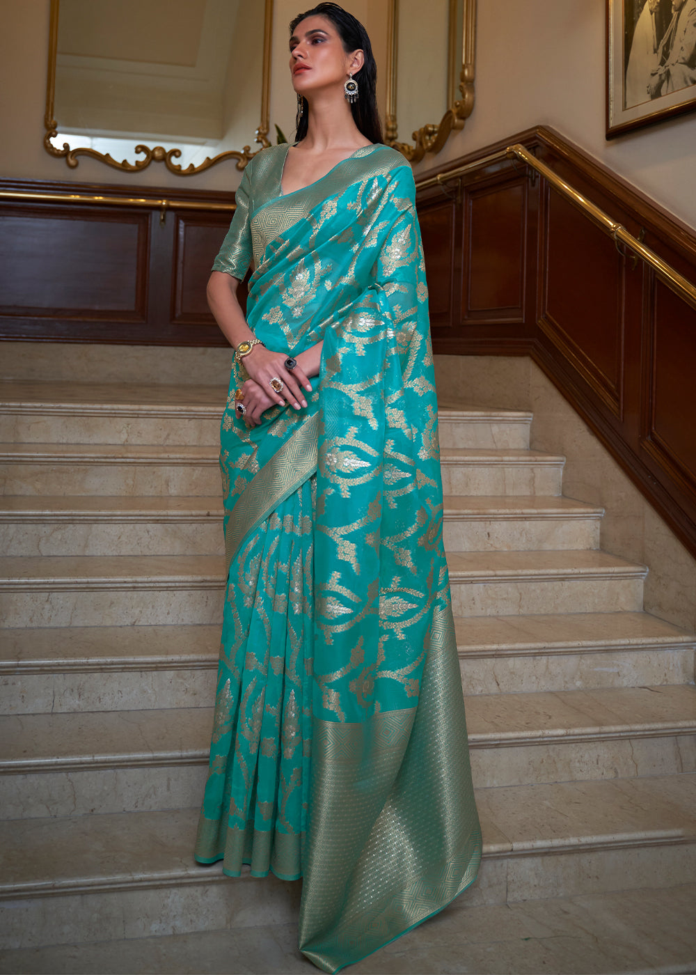 Blue Banarasi Organza Silk Saree