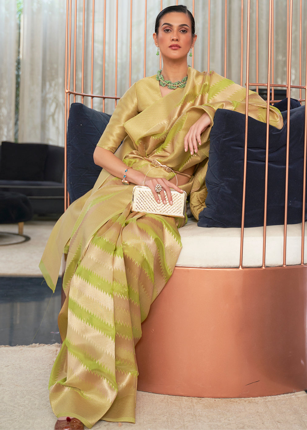 Golden Lime: Handwoven Banarasi Organza Silk Saree