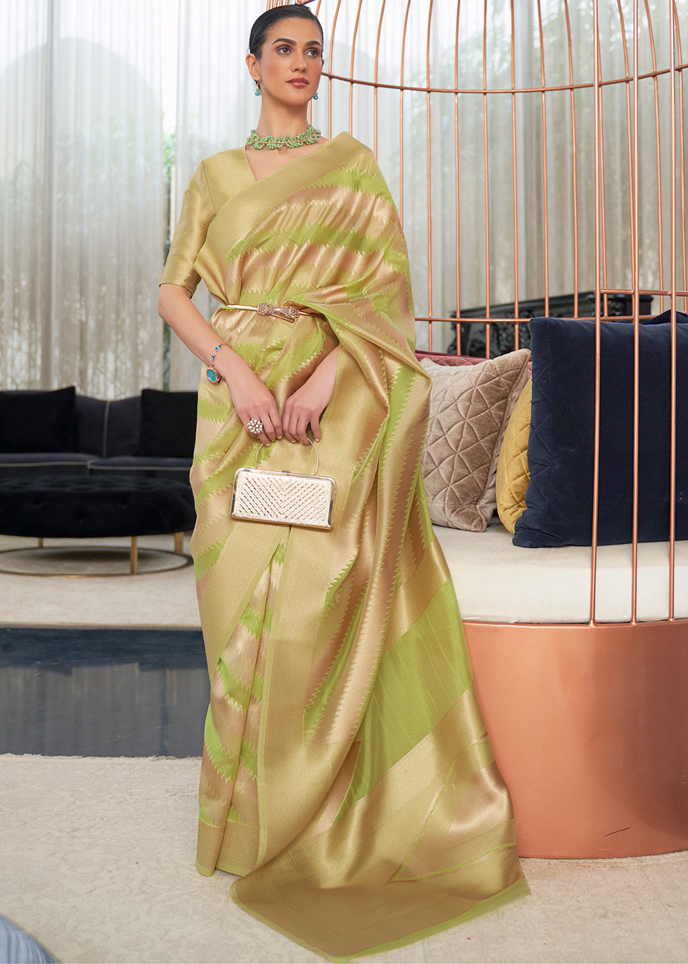 Golden Lime: Handwoven Banarasi Organza Silk Saree