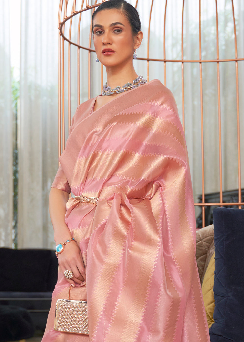 Blushing Beauty: Handwoven Banarasi Organza Silk Saree
