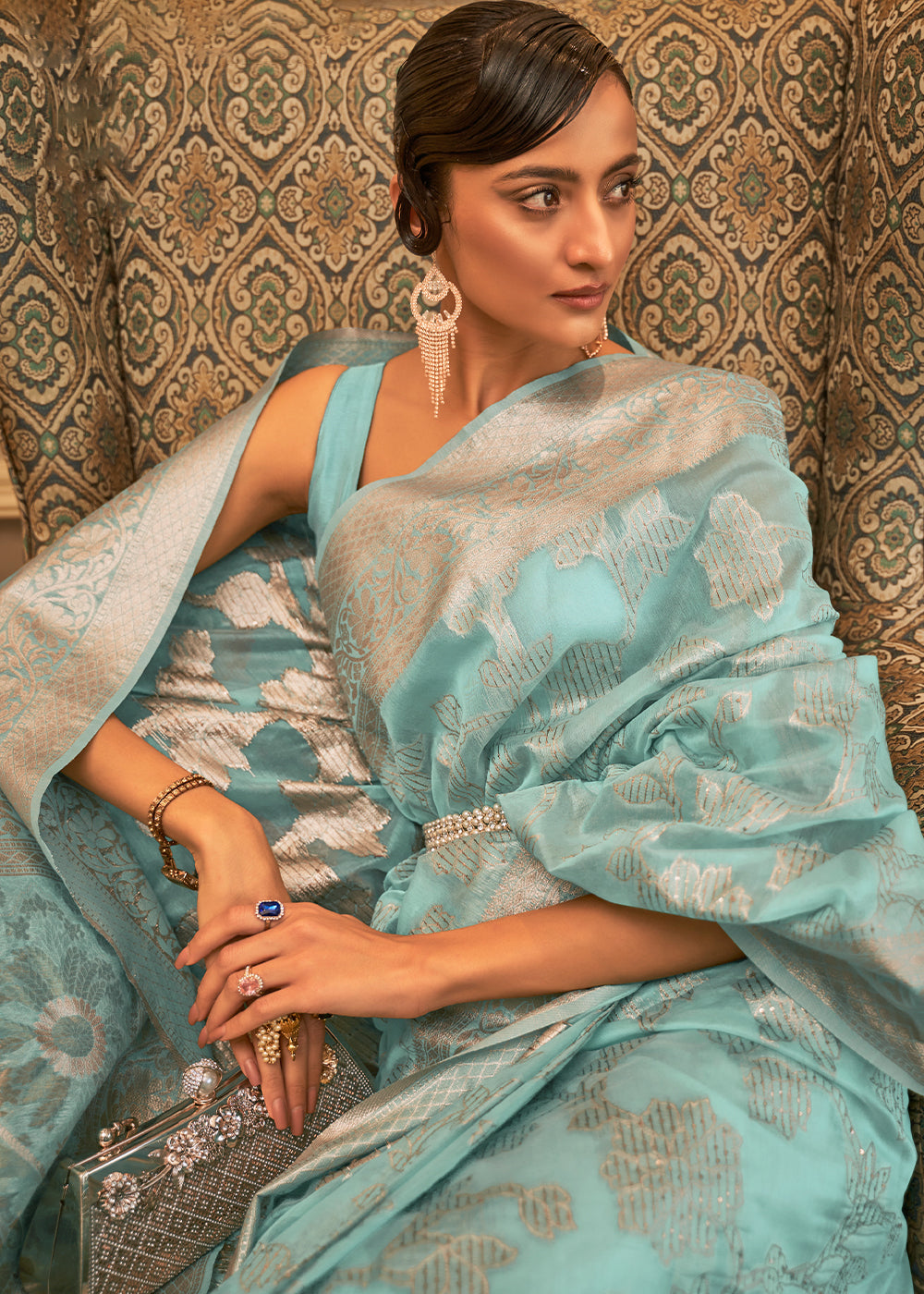 Elegant Soft Blue Woven Banarasi Cotton Saree with Intricate Cutwork