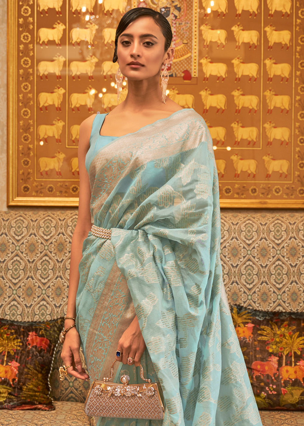 Elegant Soft Blue Woven Banarasi Cotton Saree with Intricate Cutwork