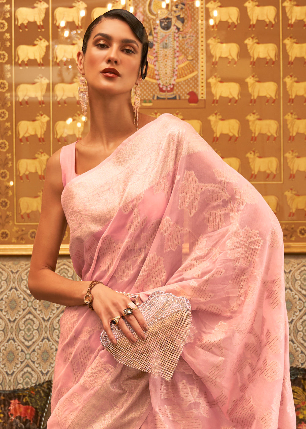 Graceful Petal Pink Woven Banarasi Cotton Saree with Handcrafted Cutwork Designs