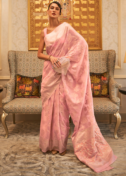 Graceful Petal Pink Woven Banarasi Cotton Saree with Handcrafted Cutwork Designs