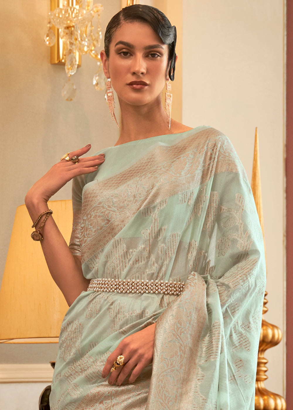 Enchanting Mint Green Woven Banarasi Cotton Saree with Handcrafted Cutwork