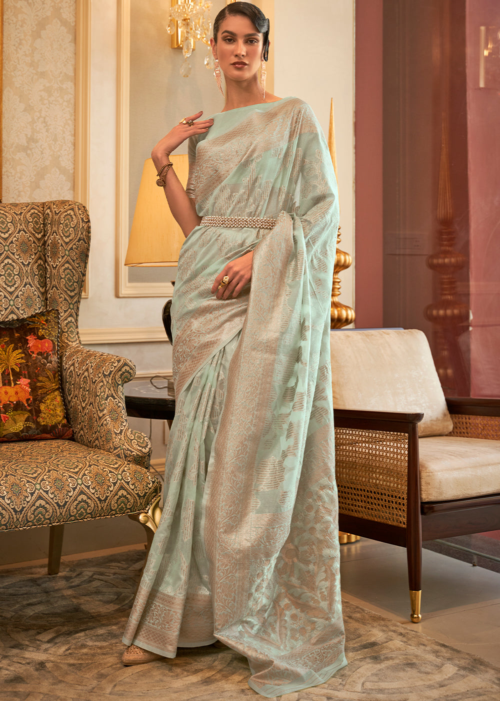 Enchanting Mint Green Woven Banarasi Cotton Saree with Handcrafted Cutwork