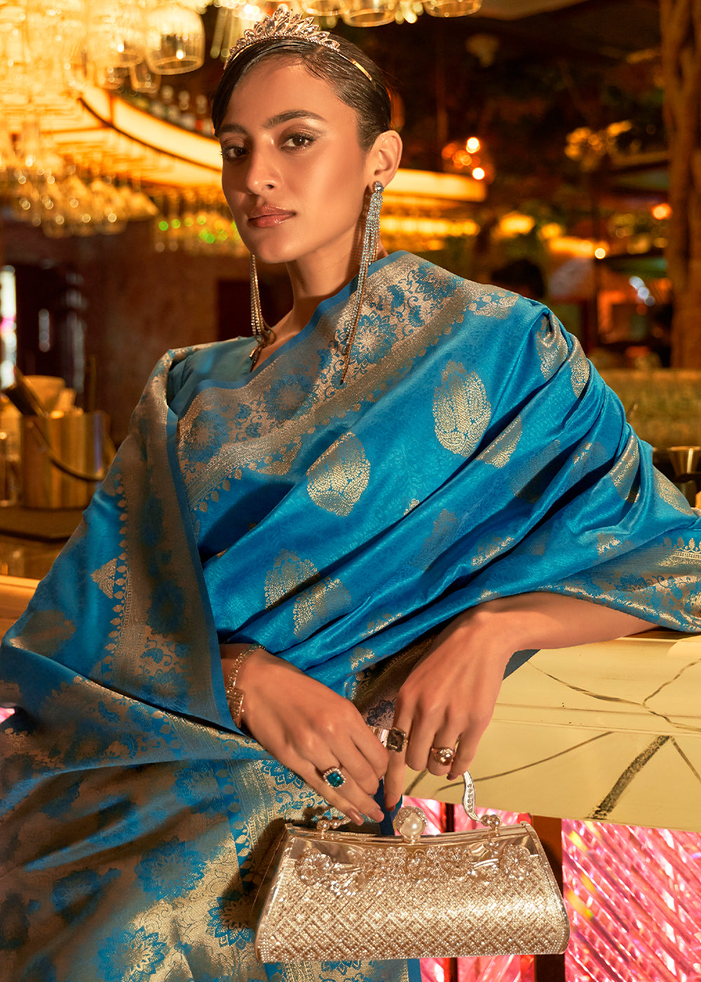 Serene Skies: Handwoven Banarasi Brocade Silk Saree