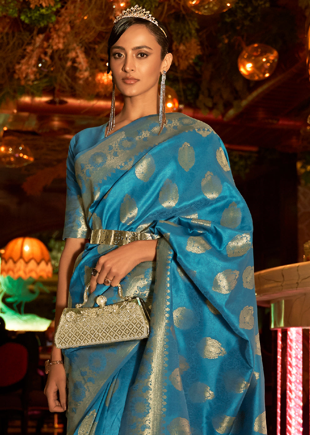 Serene Skies: Handwoven Banarasi Brocade Silk Saree