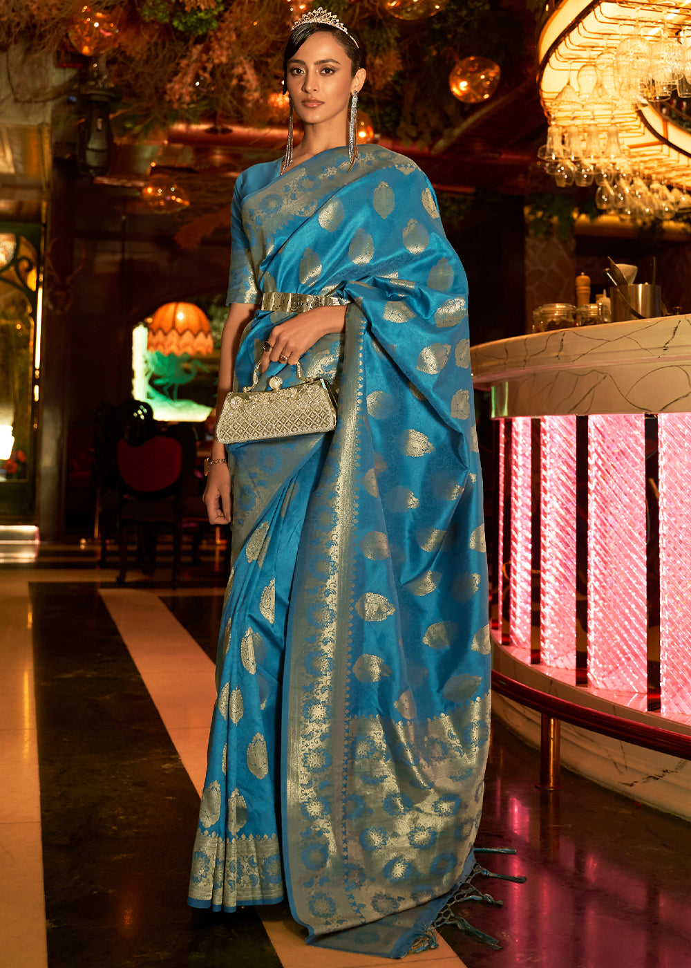 Serene Skies: Handwoven Banarasi Brocade Silk Saree