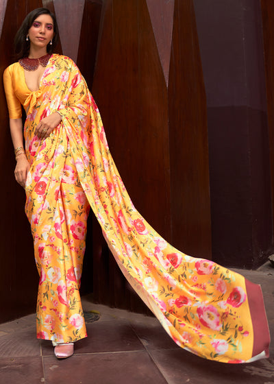 Elegant Yellow Floral Printed Satin Silk Saree