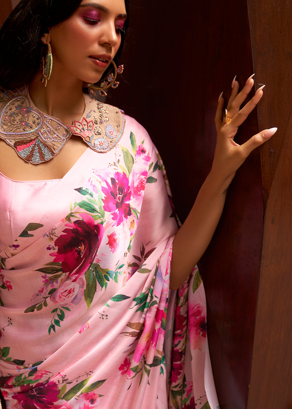 Pretty Pink Floral Printed Satin Silk Saree