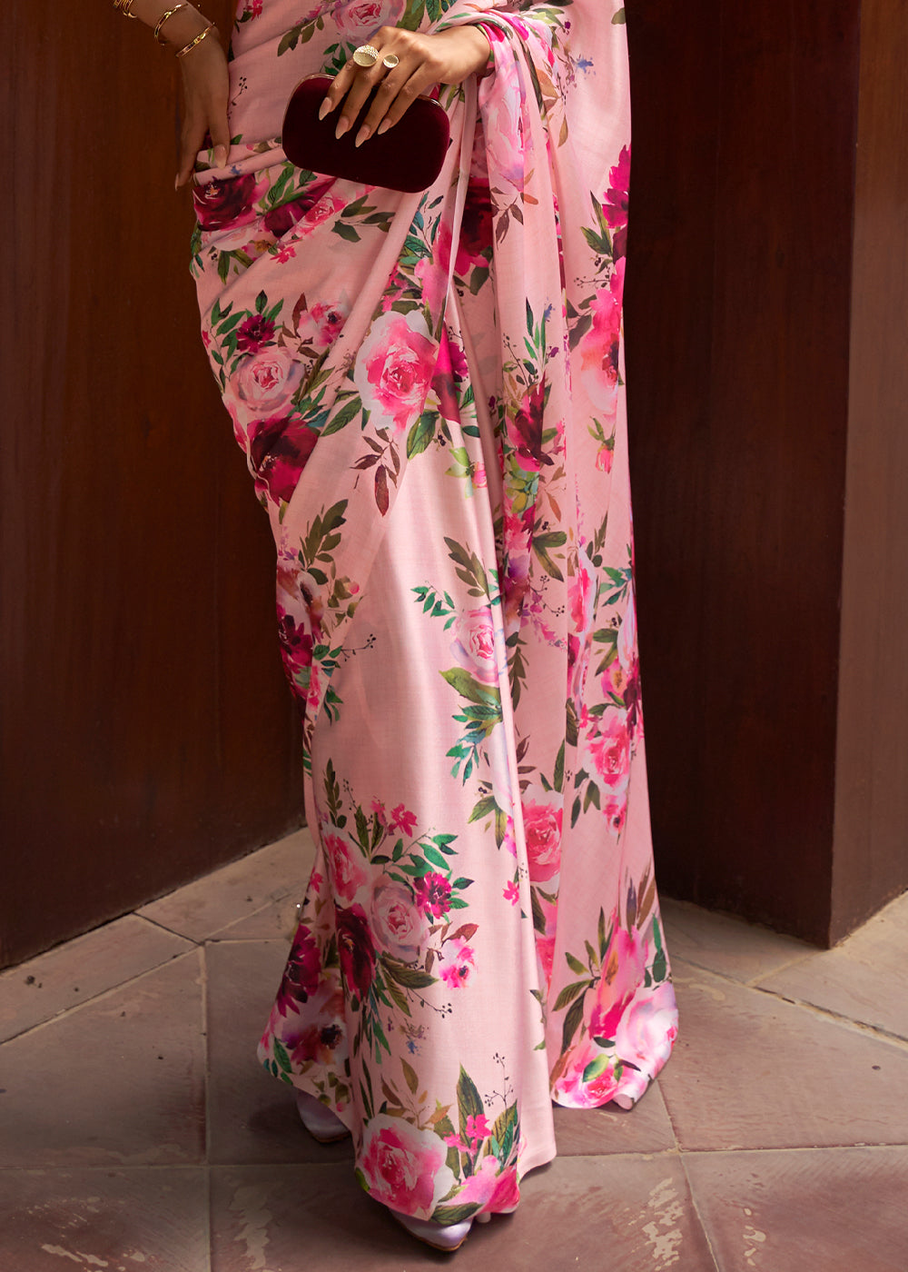 Pretty Pink Floral Printed Satin Silk Saree