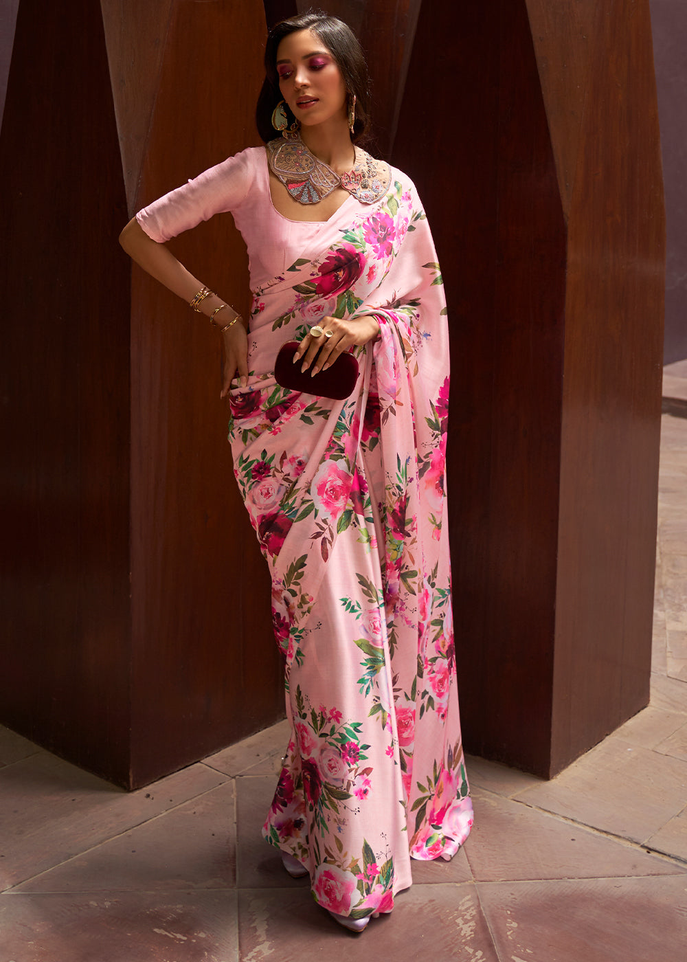 Pretty Pink Floral Printed Satin Silk Saree