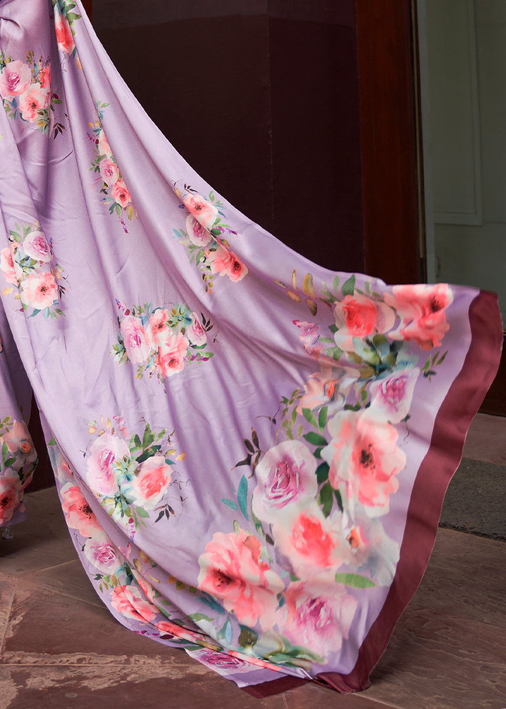 Radiant Purple Floral Printed Satin Silk Saree