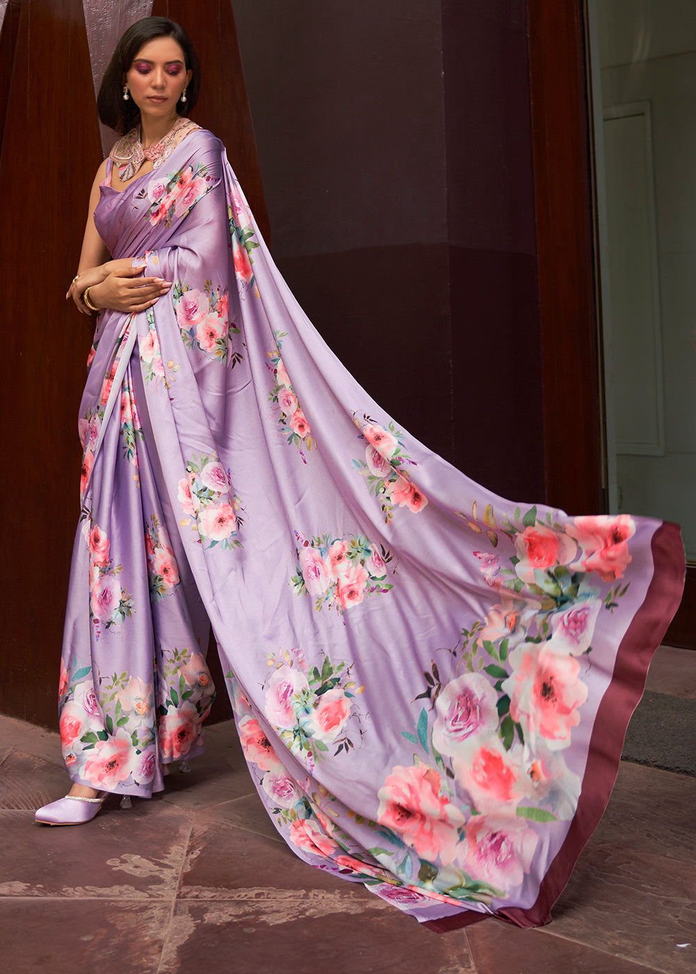 Radiant Purple Floral Printed Satin Silk Saree