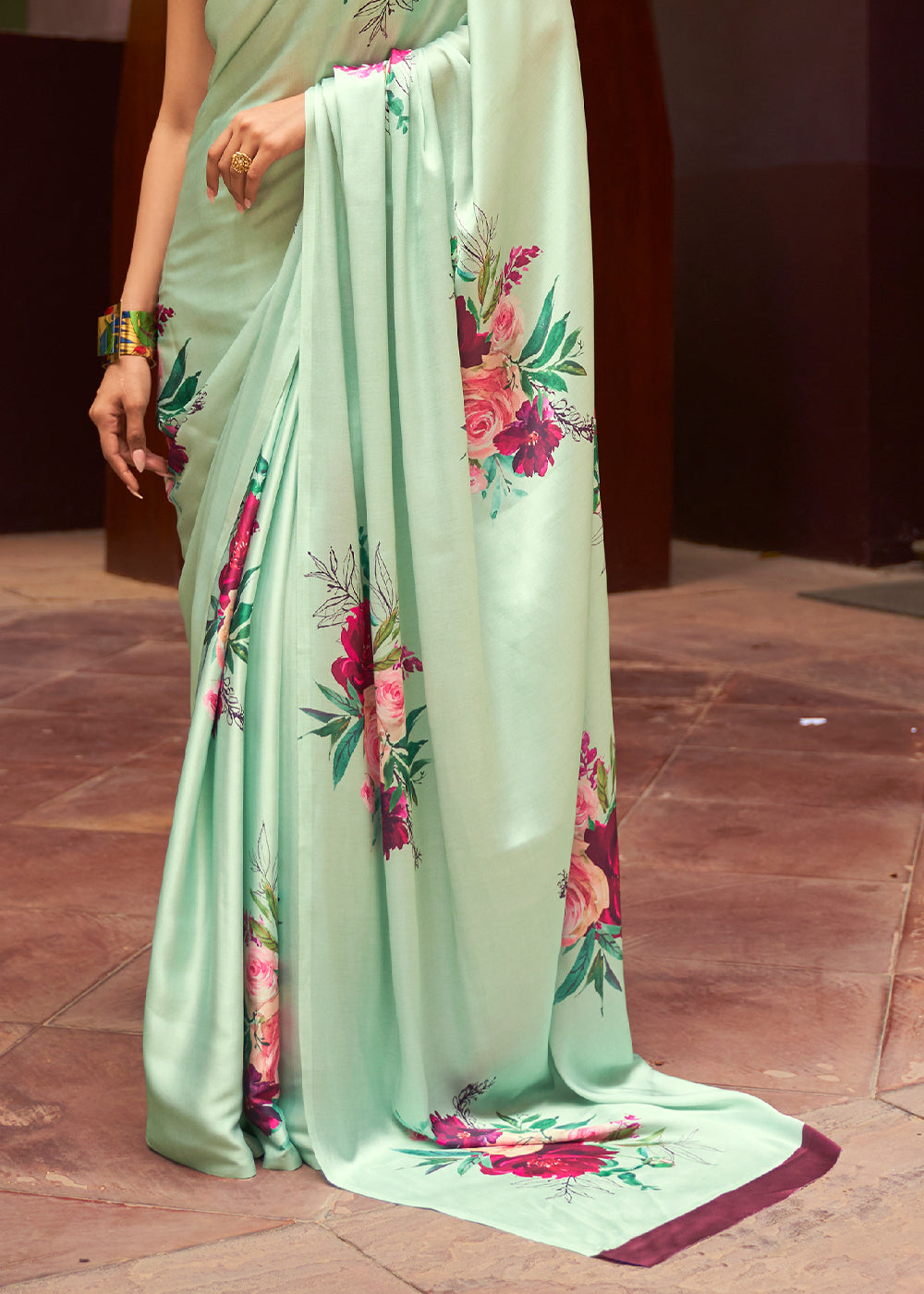 Minty Fresh Satin Silk Saree with Floral Print