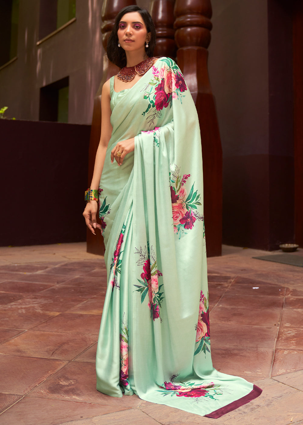 Minty Fresh Satin Silk Saree with Floral Print