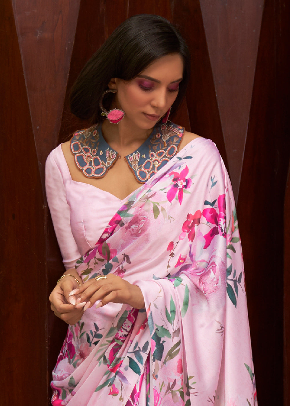 Pink Digital Printed Satin Saree