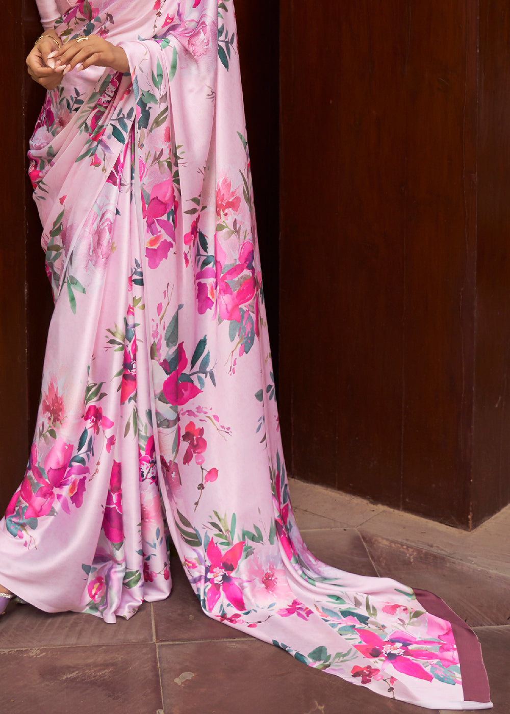 Mesmerizing Satin Silk Cameo Pink Floral Printed Saree