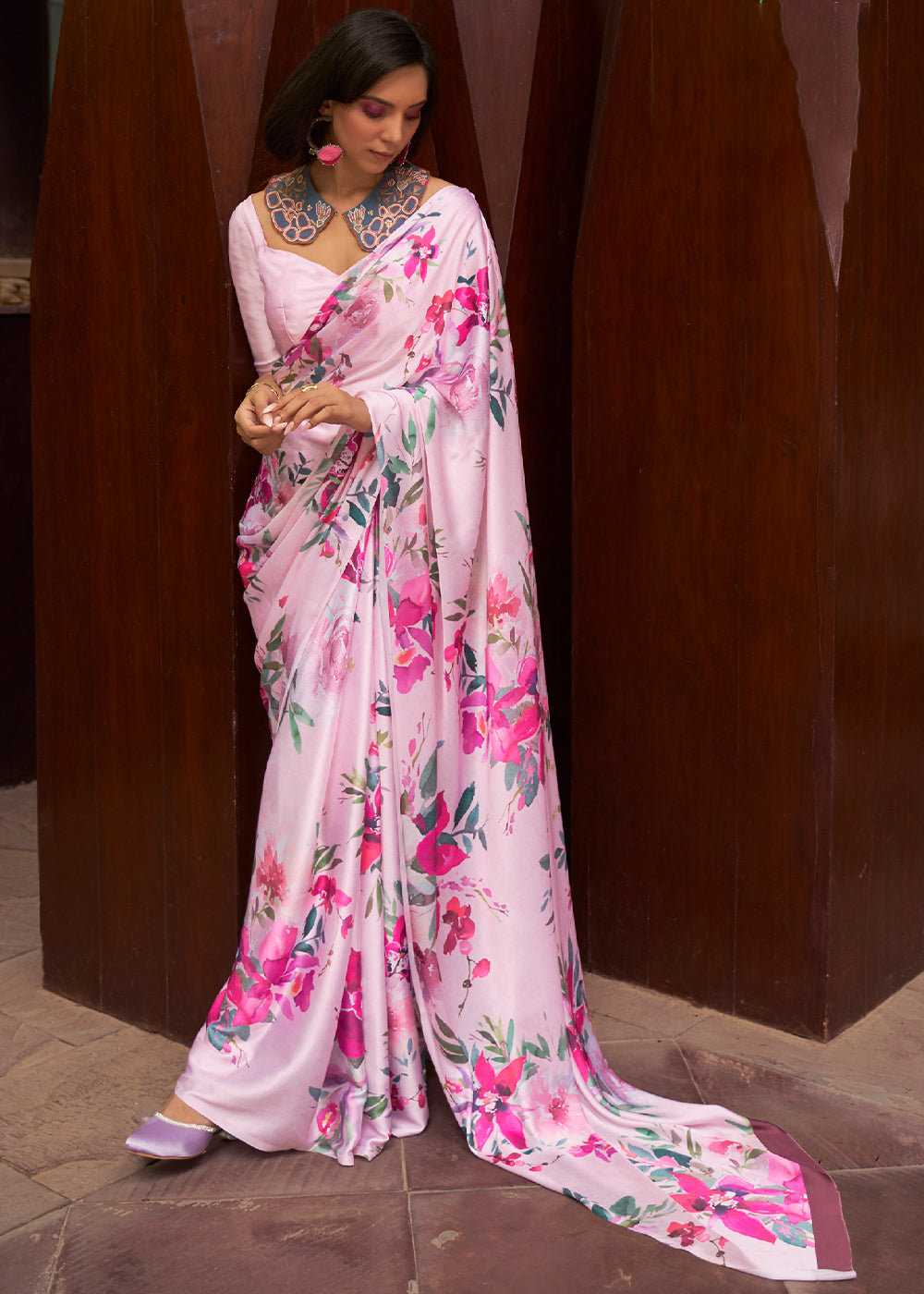 Pink Digital Printed Satin Saree